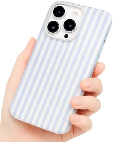 Compatible with iPhone 15 Pro Case, with Aesthetics Striped Design Case for Women Girl, Cute Fashion Simple Soft TPU Slim Protection Phone Case for iPhone 15 Pro 6.1'' - Light Blue & White