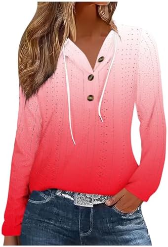 HGps8w Womens Eyelets Hoodie Sweatshirts Loose Button Up V Neck Long Sleeve 2025 Trendy Gradient Pullover Casual Tops