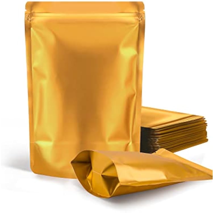 FireKylin 100 Pack Resealable Stand Up Bags,4.7 x 7.9 Smell Proof Pouch Sealable Foil Pouch Bags for Packaging Gold