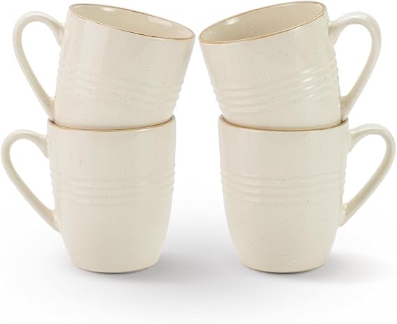 Richmount Jupiter Coffee Mugs Set of 4, 14oz/400ml Stoneware Tea Cups with Large Handle for Latte/Cappuccino/Milk/Cocoa/Tea, Microwave & Dishwasher Safe, Vanilla White