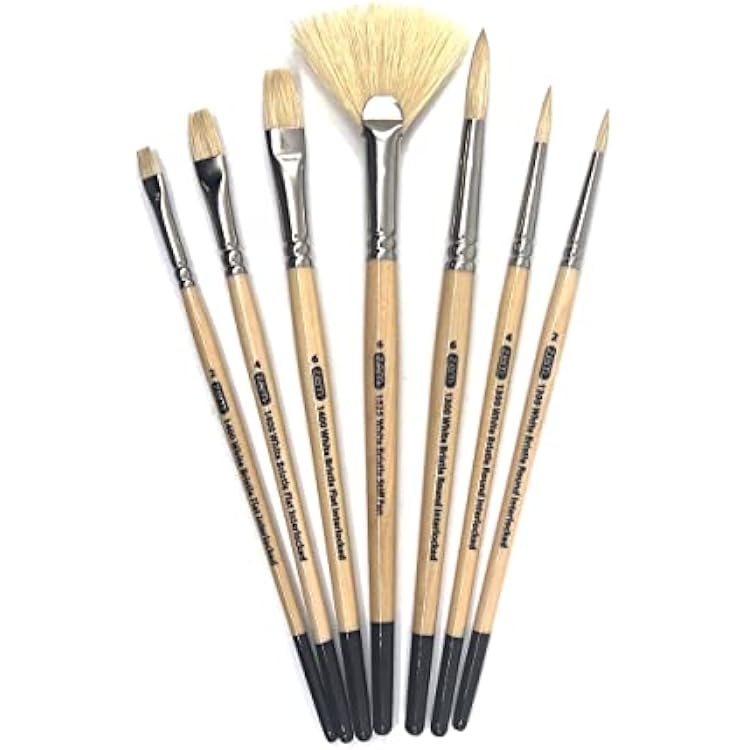 ZEM Brush Interlocked White Hog Bristle Artist Brush Set Rounds 2,4,6 and Flats 2,4,6 and Stiff Fan 6