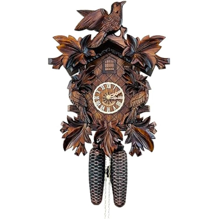 Eight Day Cuckoo Clock with Three Hand Carved Birds and Seven Leaves