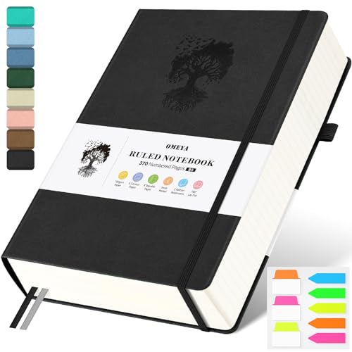 B5 Lined Journal Notebook, 370 Numbered Pages Thick Leather Journal for Writing, College Ruled Hardcover Notebook for Work,School with 100gsm Paper, Writing Journal for Women, Men 7.6 x 10.3 Black