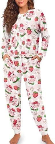 Womens Pajama Sets, Breathable Long Sleeve Loungewear Set Elasticized Waist Crewneck House Wear Set with Pockets