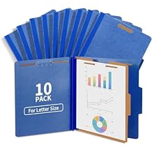 Binditek 10-Pack Pressboard Classification Folders, 1 Divider, Letter Size (8.5" x 11"), 2" Tyvek Expansions, 4 Embedded Top Fasteners (2-Prong Design), Navy