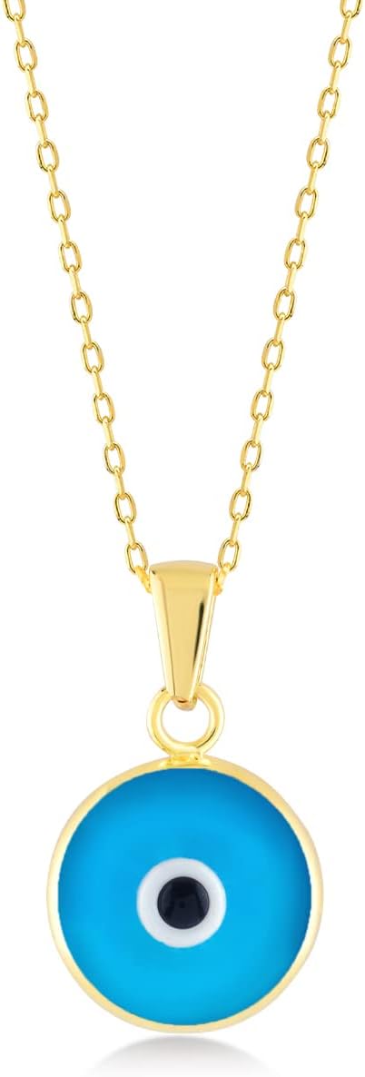 14k Solid Gold Evil Eye Necklace | 14k Gold Hamsa Necklaces for Women | Blue, Black, Dark Blue, Green, Orange, Pink, Red, White Pendant Necklace | Dainty Protection Jewelry | Gifts for Christmas, 18"