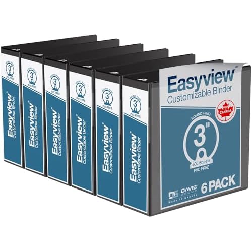 Easyview Premium 3-Ring Binders with Clear-View Covers and Round Rings, Binders for School or Office, 3 Inch, Pack of 6, Black