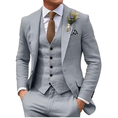 HUUTOE Mens 3 Piece Linen Slim Fit Suits for Men Beach Wedding Summer Prom Casual Grooms Blazer Pants and Vest Suit Set