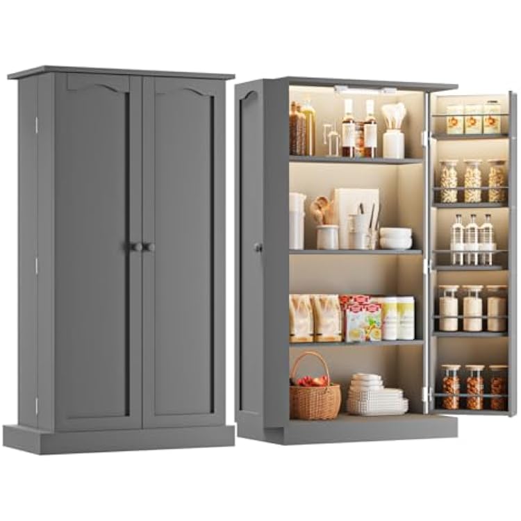 FJTJBSI 50 LED Kitchen Pantry Cabinet with 3 Adjustable Shelves and 2 Doors Wood Pantry Storage Cabinet with Handle for Kitchen Living Room and Dinning Room Grey