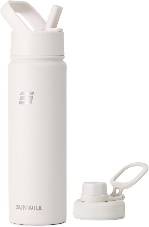 SUNWILL Metal Water Bottle with Straw Stainless Steel, 650ml Insulated Leakproof Thermal Flask for Cold and Hot Drink, Travel, Sports, Gym, Warm Off-White