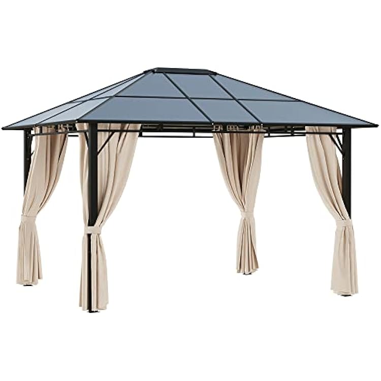 Outsunny 10 x 12 Hardtop Gazebo Canopy with Polycarbonate Roof, Aluminum Frame, Permanent Pavilion Outdoor Gazebo with Netting, for Patio, Garden, Backyard, Deck, Lawn, Dark Brown, Off-White
