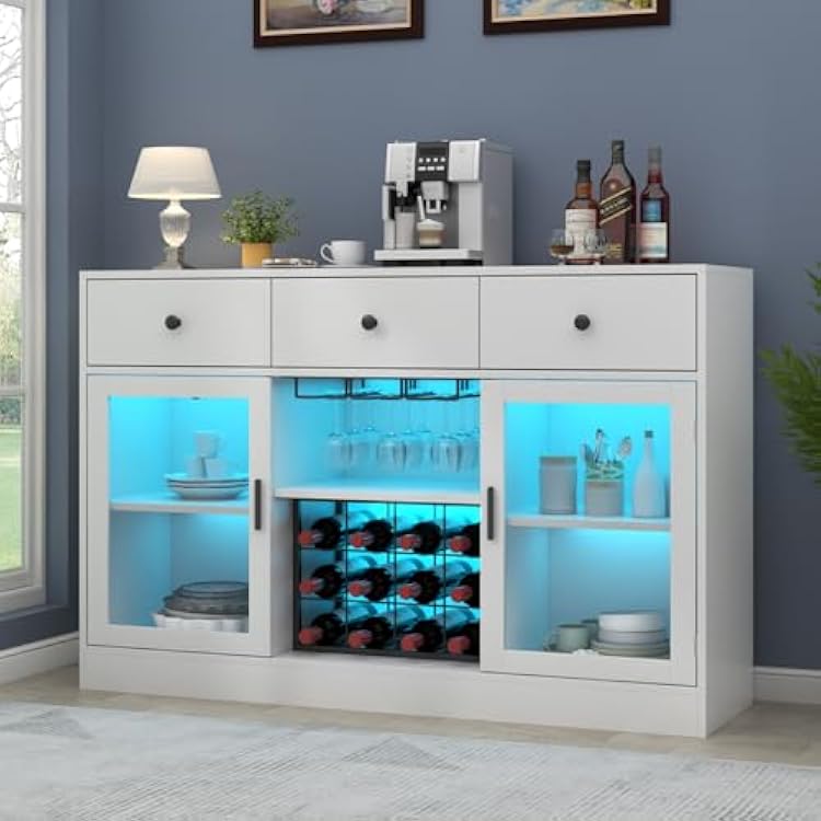Auromie Wine Bar Cabinet with LED Light, Home Coffee Cabinet with Wine and Glass Rack, Kitchen Buffet Sideboard with Storage Drawers & Adjustable Shelves, Modern Liquor Cabinet with Glass Door White