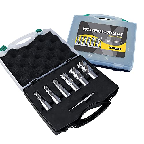US Stock 1 Depth M2AL HSS Annular Cutter Set 7pcs Diameter 916 to 1-116 Pilot Pin Included 34 Weldon Shank for Mag Drill Press