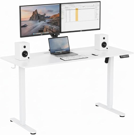 NSY Audio Electric Standing Desk 55x24 Inches - Height Adjustable, Whisper Quiet Motor, Walnut Top & Black Frame for Home Office Gaming, Focused Work, White