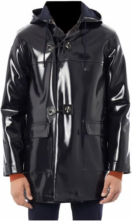 Mens PVC Leather Shiny Light Weighted Raincoat Black Stylish Coat for Rain with Hooded