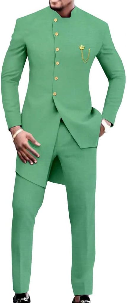 Men's 2 Piece Party Suit African Dashiki Shirt Long Sleeve Tux Blazer & Pants Formal Wedding Outfit Suit Tracksuit (Color : Green, Size : 4X-Large)