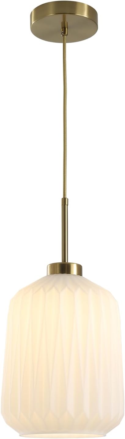 Mid Century Pendant Light Gold Pendant Light with White Striation Glass Shade Modern Ceiling Light Fixture for Kitchen Island Bedroom Dining Room