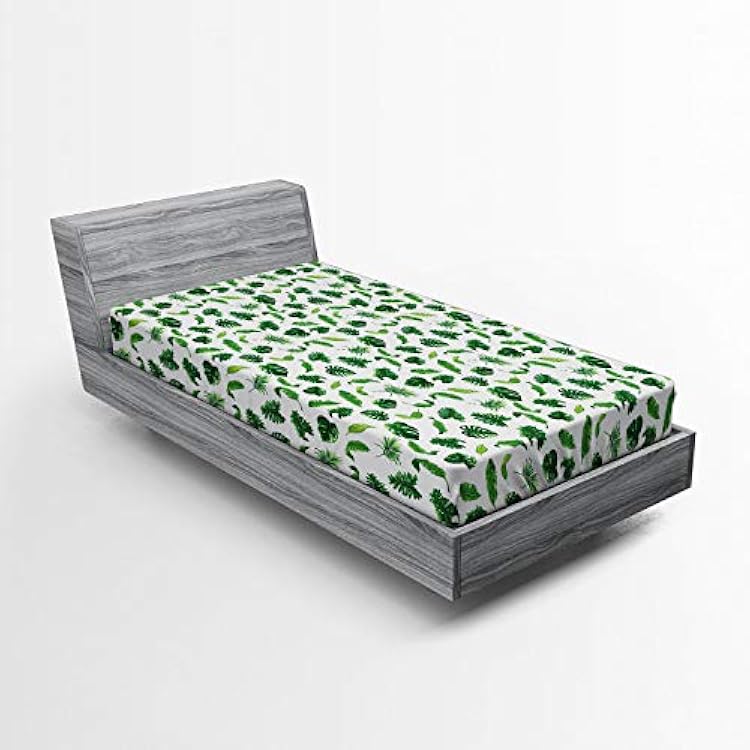 Ambesonne Tropical Fitted Sheet, Diversified Palm Tree Leaves Including Split Leaf Philodendron, Bed Cover with All-Round Elastic Deep Pocket for Comfort, Twin Size, Lime Green Emerald