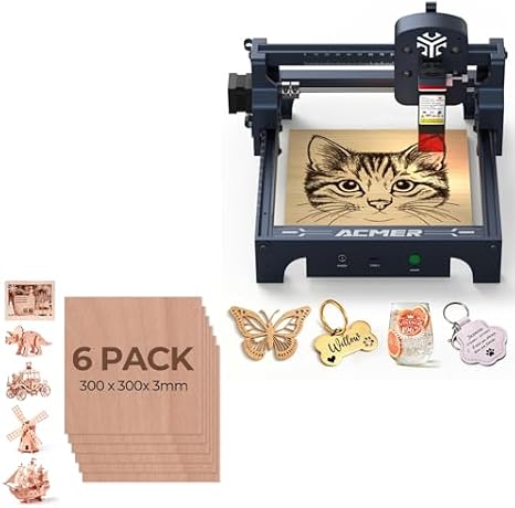 ACMER S1 2500mW Laser Engraver and Peach Wood Sheets 6 Pack