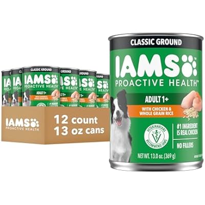 IAMS Proactive Health Wet Dog Food, Adult Wet Dog Food Multipack Ground Dinner, with Chicken & Rice, 13 oz. Cans Pack of 12