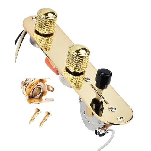 Fully Loaded Guitar Control Plate, Prewired 3-way Blade Switch Large Potentiometers Orange Capacitor, Knurled Volume Tone Controls System Fit for Guitars with Single Coil Pickups, Gold