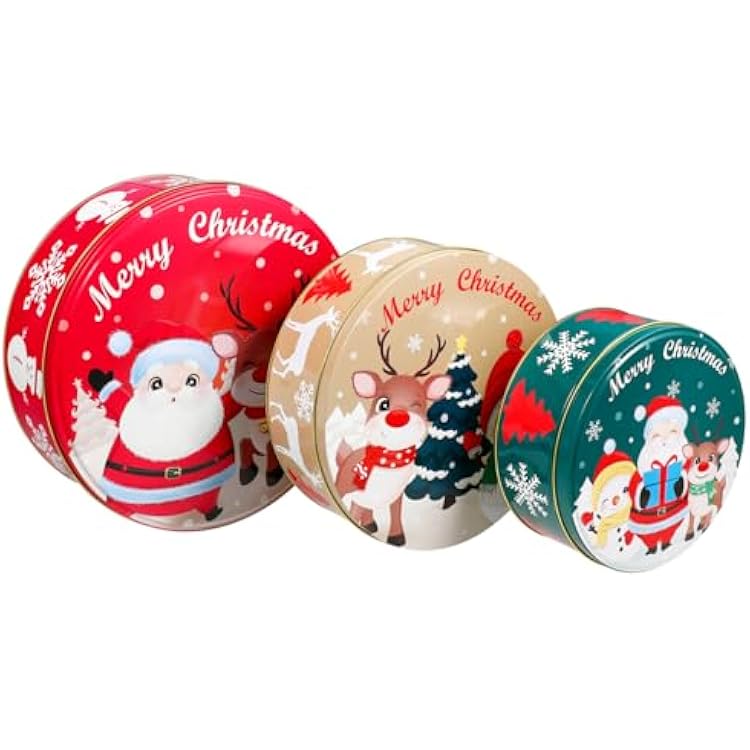 Hemoton Christmas Cookie Tins with Lids for Gift Giving, 3 Pack Round Christmas Tin Containers, Metal Nesting Containers for Holiday Use, Large Medium Small