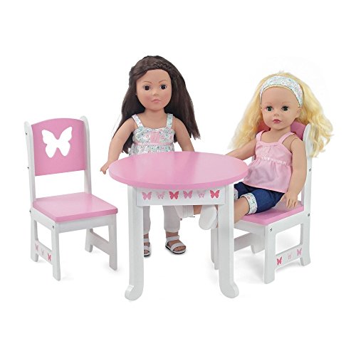 Emily Rose 18 Inch Doll Dining Table and 2 Chairs Set - Pink Butterfly Collection - Compatible with American Girl, Our Generation, My Life As & Adora - Wooden Dollhouse Furniture