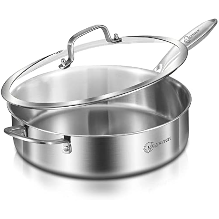 LOLYKITCH 6 QT Tri-Ply Stainless Steel Saute Pan with Lid,Deep Frying Pan,Large Skillet,Jumbo Cooker,Induction Cooking Pan,Oven Safe and Detachable Handle.