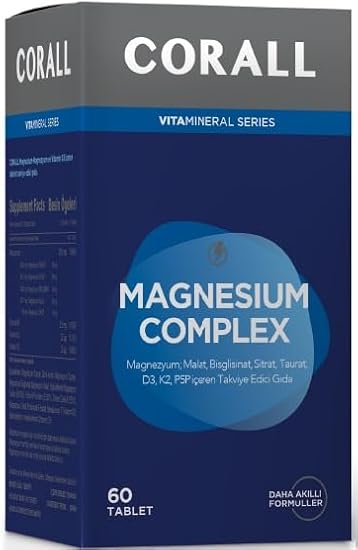 CORALL Magnesium Complex 60 Tablet Magnezyum Malat, Bisglisinat, Sitrat, Taurat, Vit D3, K2, P5P içeren Takviye Edici Gıda
