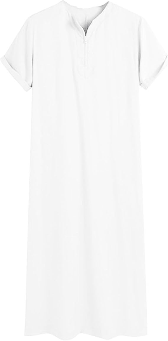 Men's Muslim Crewneck Tops Long Gown Thobe Short Sleeves Round Neck Robe Dress Male Shirt