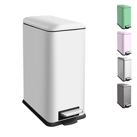 Rubbish Bin 30 L Pedal Bin with Inner Bucket 30 Litre Narrow Waste Bin with Pedal Stainless Steel Pedal Bin for Kitchen Living Room Office Large Waste Bin White