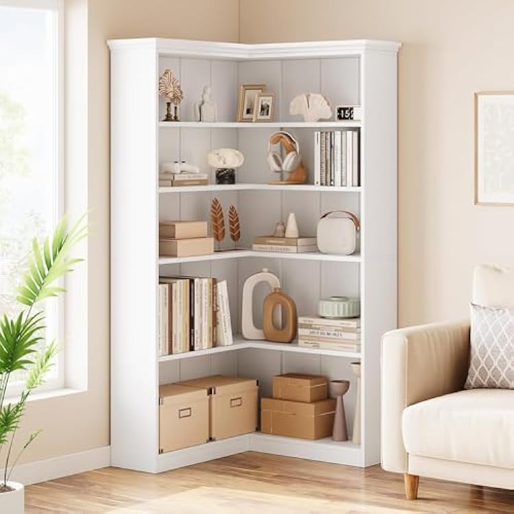 72 L-Shaped 5-Tier Corner Bookshelf, Wood Bookcase with Anti-Tip Safety for Living Room & Office, Easy Assembly Storage Shelf, White