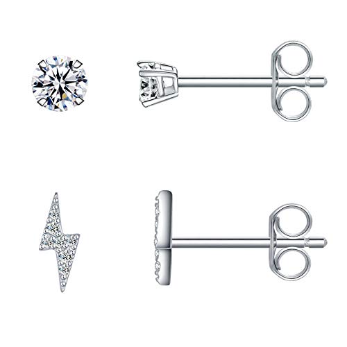 Sterling Silver Stud Earrings for Women- Hypoallergenic Small CZ Simulated Diamond Earrings Dainty Halo, Lightning Bolt, Moon Cubic Zirconia Earring Set
