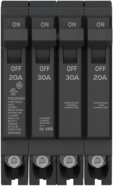 ABB Q-Line THQLQ203020 Quad Circuit Breaker 20A/1P & 30A/2P & 20A/1P Configuration 120/240 VAC, 10 kAIC Space-Saving Plug-in Mount Durable Design for Copper & Aluminum Wiring