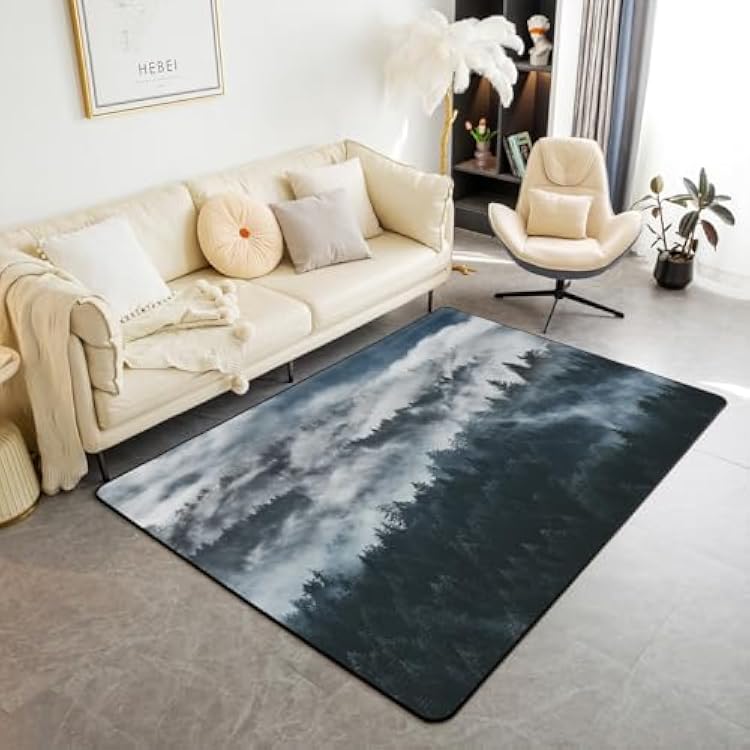 Smoky Mountain Area Rug 3x5 for Bedroom Living Room, Pine Tree Rug, Grey Trees Natural Scenery Art Carpet Runner Non Slip, Mountain with Fir Tree Arrow Folk Style Retro Print Decorative Accent Rug
