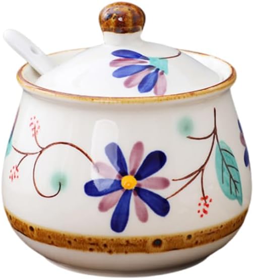 Ceramic Sugar Bowl with Lid and Spoon, 11oz Porcelain Sugar Holder for Coffee Bar, Salt Container Pepper Storage Jar for Home and Kitchen (Blue)