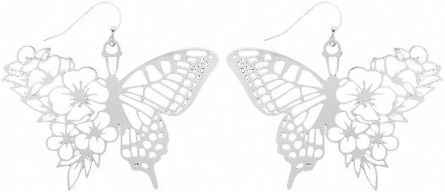 Fluttering Elegance Fashion Filigree Earring - Lightweight Gift, Fish Hook, Cutout, Stylish Elegant, Butterfly, U Shape, Flower Bull (Butterfly/Flower/Matte Silver, Base Metal)