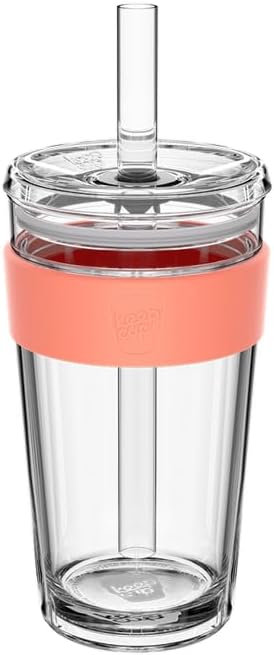 KeepCup Cold Cup - Longplay Double wall Glass Ice Coffee Tumbler with Lid and Straw - 16oz (454ml) - Californian Shrimp