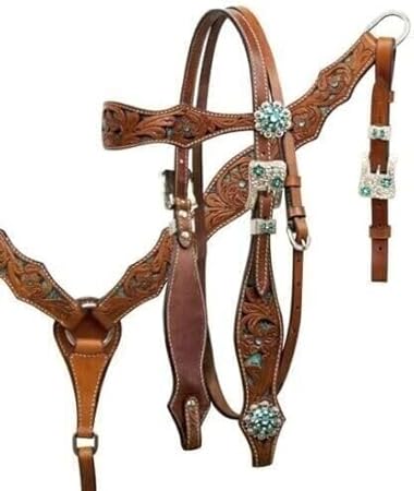 Western Leather Hand Tooled Headstall and Breast Collar Set with Reins. /Size-Full,Cob AO-0021