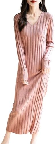 Womens Merino Wool Blend Long Sweater Dress Fashion 2025 Spring Fall Casual V-Neck Long Sleeve Ribbed Knit Dress