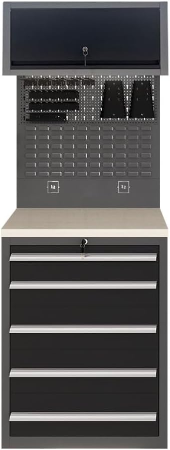 JZD Garage Workbench with Storage, Heavy Duty 5-Drawer Cabinet with Wood Tabletop, Freestanding Design, Black and Grey