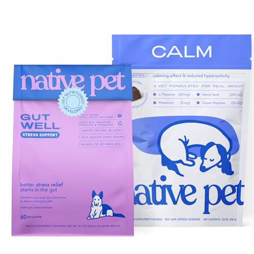 Native Pet Calming Care Pack: 60 Scoops GutWell Stress Support - Dog Anxiety Relief & Calming Treats & 60 Calming Chews for Dogs - Melatonin for Anxiety Relief Helps Manage Stress & Behavioral Support