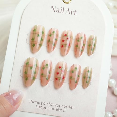 Christmas Press On Nails - Almond Shaped Press On Nails Medium Fake Nails With Grid Stars Simple Designs Acrylic Artificial Glue On False Nail Press Ons Stick On Nails For Women