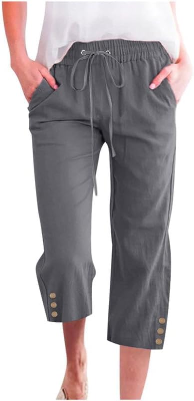 WROLEM Womens Capris Pants High Waist Drawstring Comfy Casual Pants Lightweight Trousers Buttons with Pockets