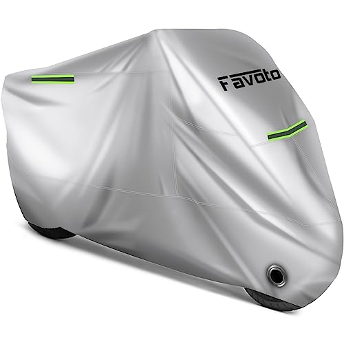 Favoto Motorcycle Cover Waterproof Outdoor Storage Universal Fit Heavy Duty Oxford Fabric Night Reflective with Lock-Hole Windproof Buckles Rain Dust Sun Protection Fits up to 96.5 Motorcycles