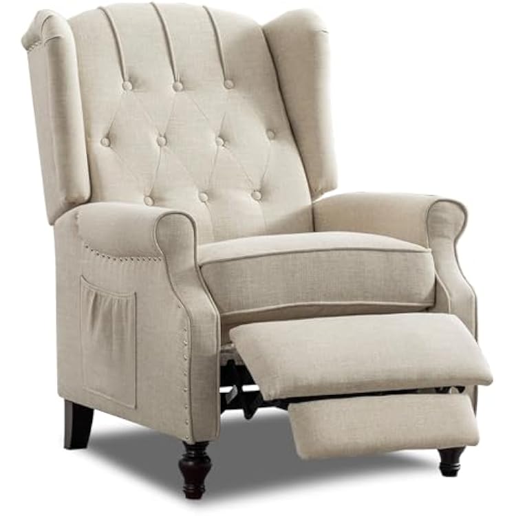 MANBUR Wingback Pushback Recliner Chair, Upholstered Tufted Recliner with Massage and Heat, Tufted Armchair Single Sofa Reclining Sofa for Living Room, Bedroom or Club Beige
