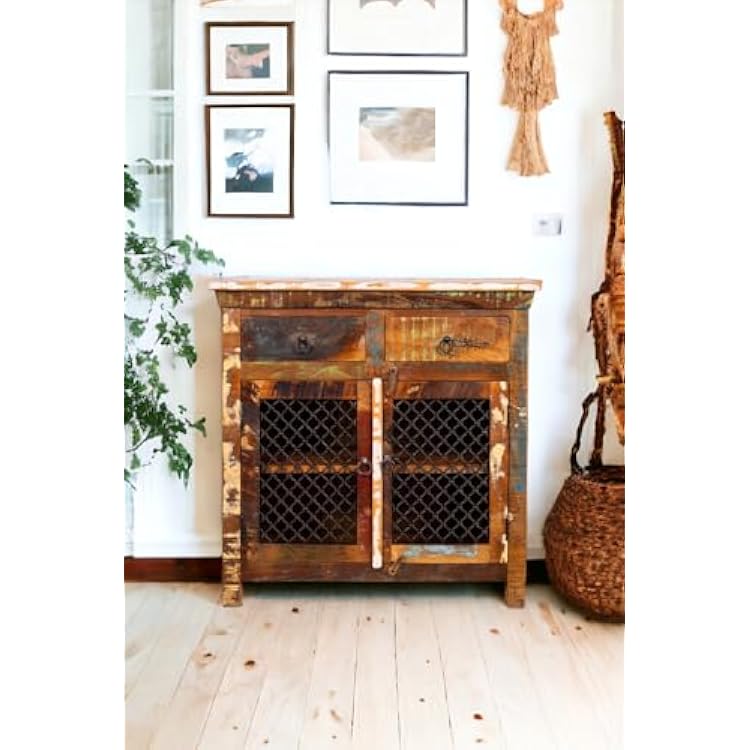 Handcrafted Solid Reclaimed Wood Cabinet with Two Drawers and Two Doors Traditional Buffet Cabinet. Distressed Brown Rustic Charm. Rustic Farmhouse Buffet Cabinet.