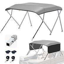 KAKIT Bimini Tops for Pontoon Boats with 2 Mesh Sidewalls Square Frame 600D Oxford Top with Rear Support Poles, Storage Boot 1 Inch Aluminum Frame(4 Bow 8'L 54" H 91"-96" W,Gray)