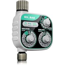 QUOBAS Mechanical Dial Hose Timer, Waterproof Sprinkler Timer with Rain Delay/Auto/Manual Modes for Drip Irrigation System, Pool, Lawn, Durable Metal Fittings, Easy Set 3-Dial Program, Battery Powered