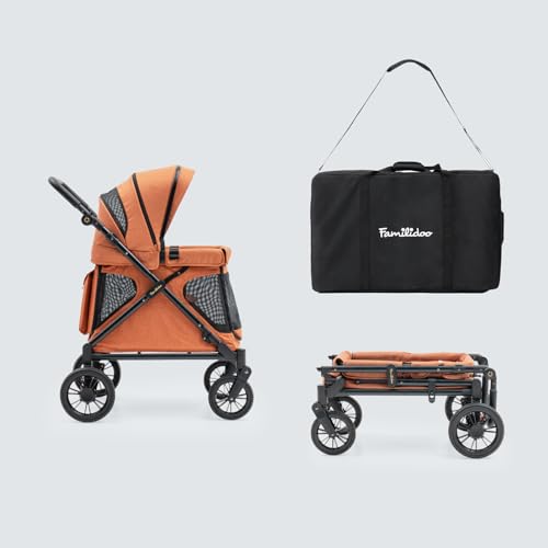 Familidoo Q1 Multi-Use Kids Wagon Stroller with Travel Bag Foldable, Lightweight, All-Terrain for Kids & Pets 5-Point Harness, Rain Cover, Compact Travel Design, Up to 132 lbs Burnt Orange